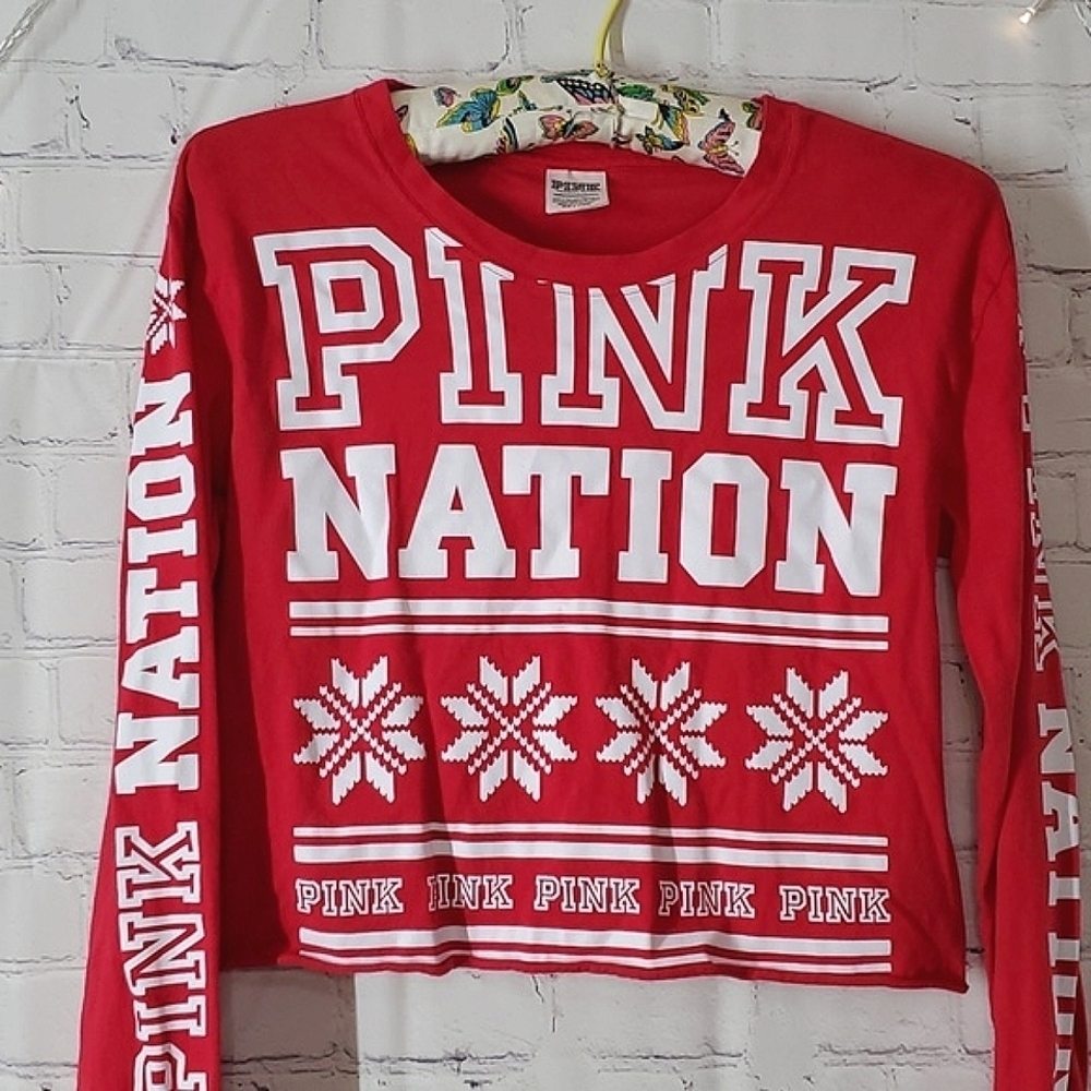 2017 Victoria's Secret PINK Red Holiday Long Sleeve Snowflake Crop Top Tee Sz XS - Picture 5 of 12